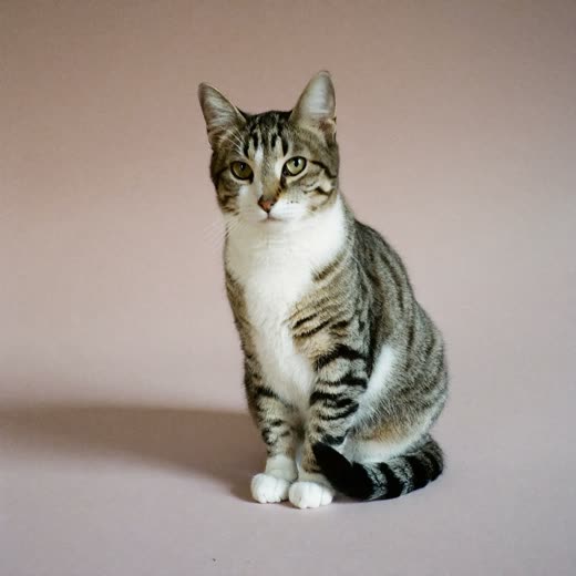 A tabby cat sitting against a plain pastel background